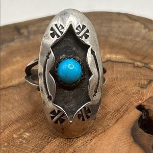 Vintage Native American Shadowbox Silver Turquoise Ring Sz 6 1/2 Southwestern